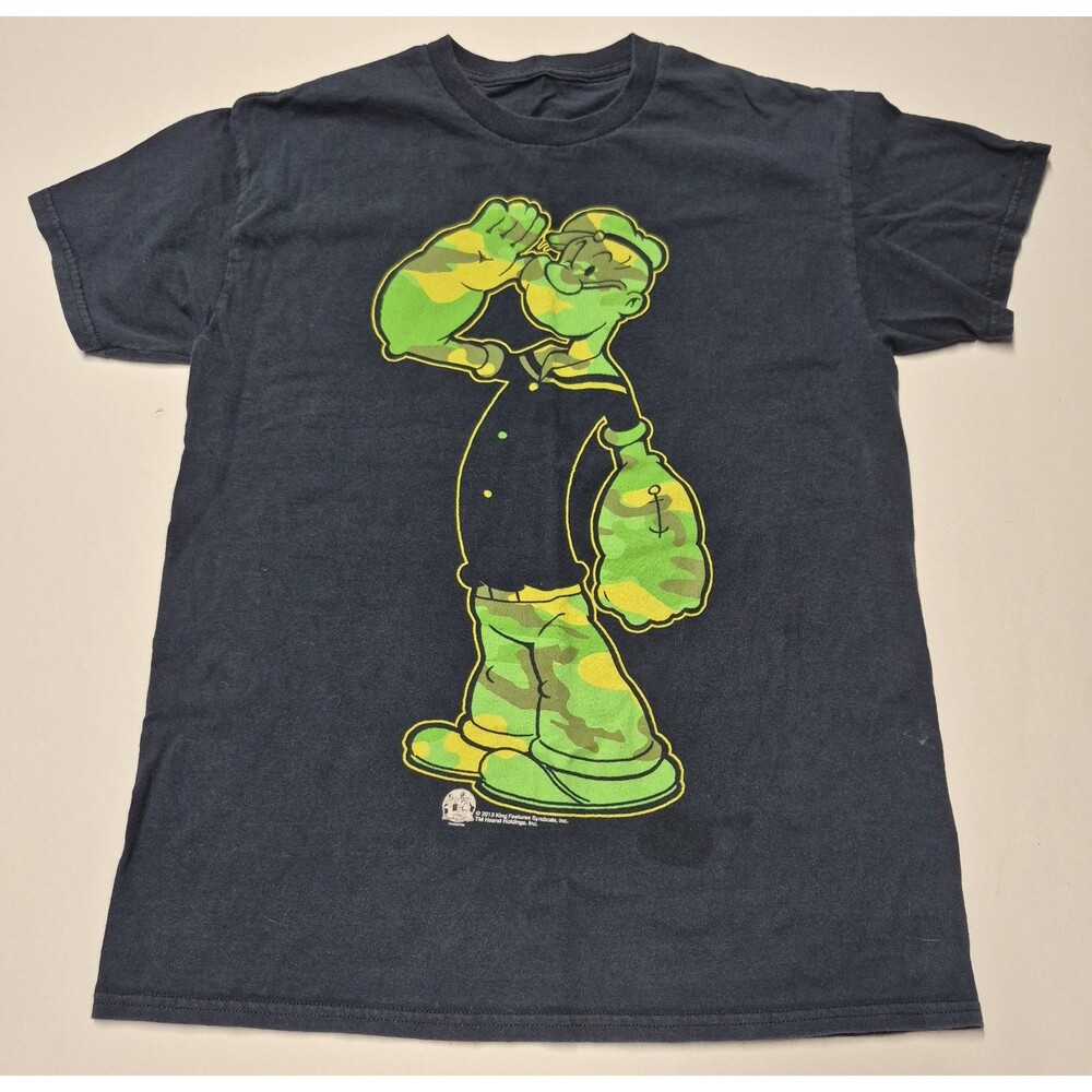 Popeye The Sailor Man Camo Graphic T-Shirt Mens S Black Saluting Camouflage 2013